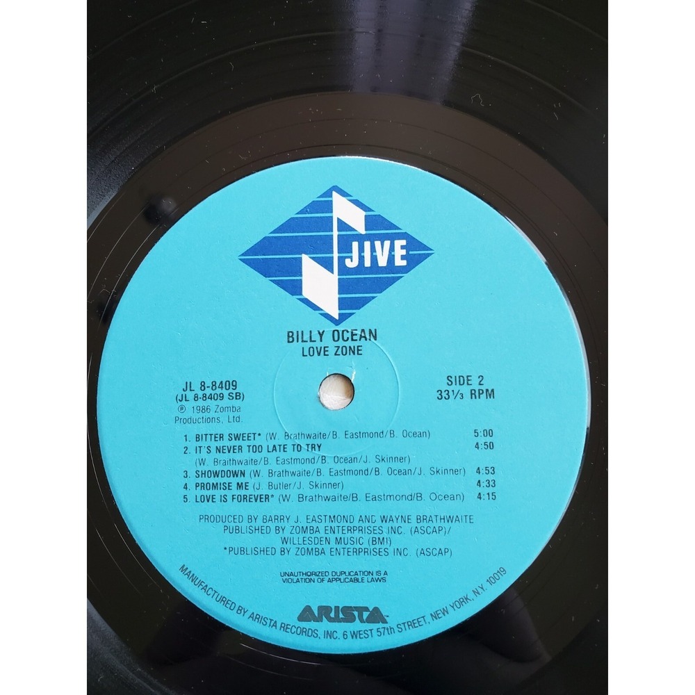 Billy Ocean Love Zone (Vinyl, Jive Records USA)‎ VG+ Tested - Picture 7 of 7